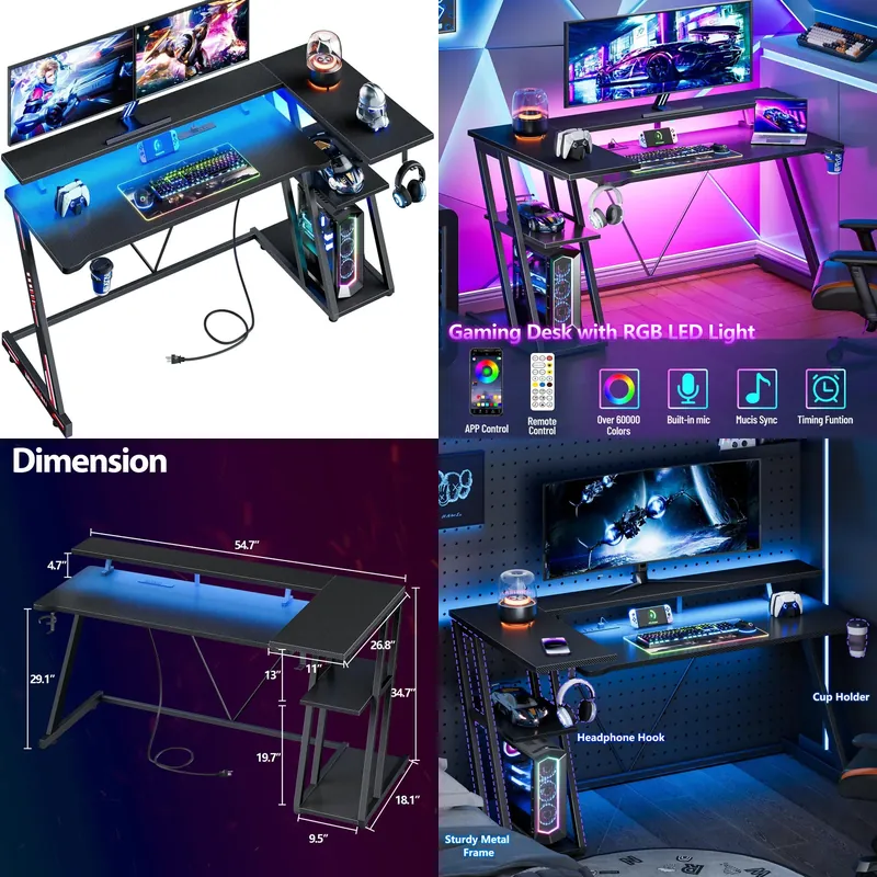 Desk Setup Black And Wood - مكتب ألعاب على شكل حرف L