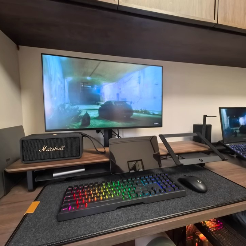 حامل مراقبة معياري، منظم مكتب  - مراجعة Desk Setup Black And Wood وسعره
